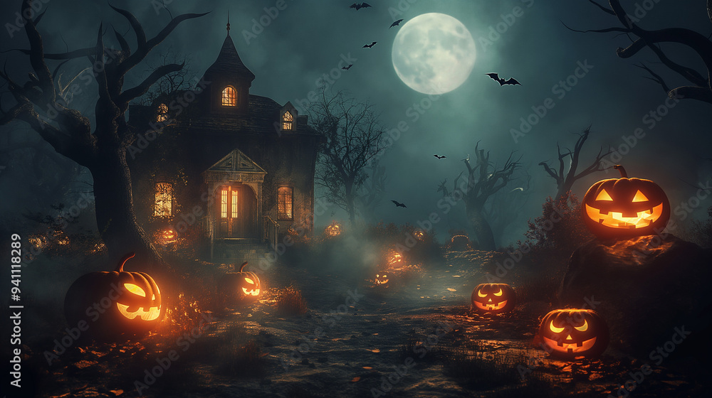 Halloween night, a spooky haunted house surrounded by fog and dead trees Halloween night, a spooky haunted house surrounded by fog and dead trees