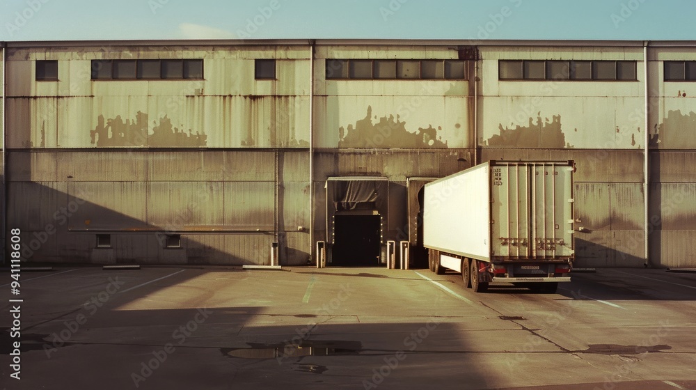 A white cargo truck is parked at a large industrial warehouse with weathered walls, casting long shadows on a sunlit afternoon. A white cargo truck is parked at a large industrial warehouse with weathered walls, casting long shadows on a sunlit afternoon.