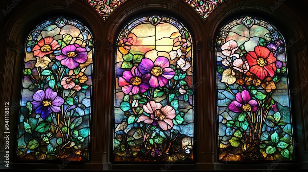 art nouveau stained glass window depicting intertwining floral motifs jeweltoned panels in rich purples greens and golds intricate lead lines ethereal light filtering through art nouveau stained glass window depicting intertwining floral motifs jeweltoned panels in rich purples greens and golds intricate lead lines ethereal light filtering through