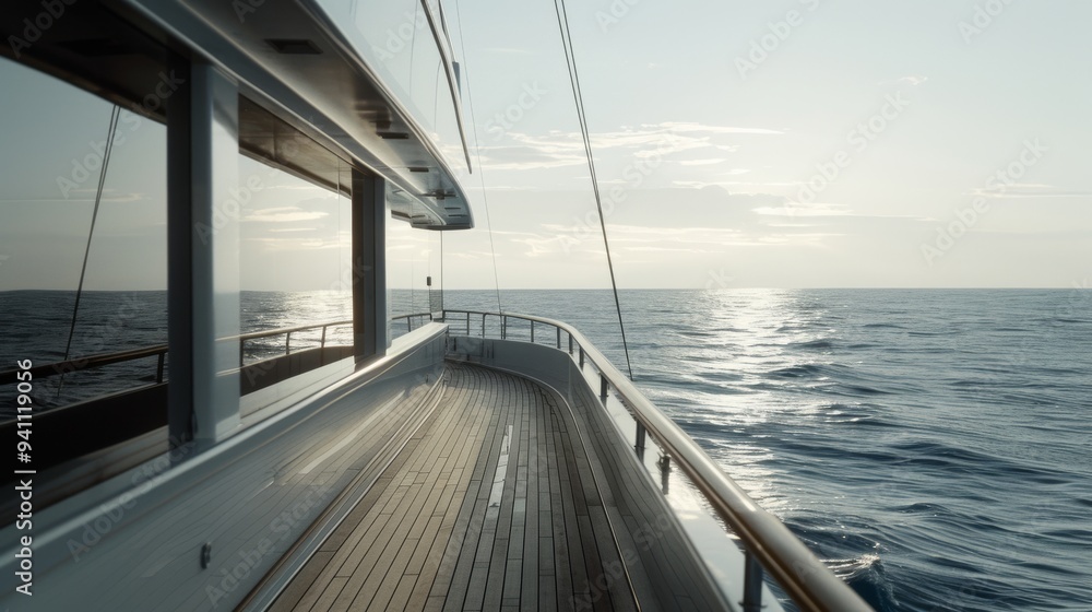 Fototapeta premium The side view of a yacht gliding through the ocean at sunrise, with a tranquil expanse of water reflecting the early morning light.