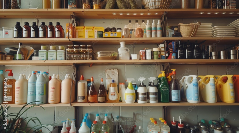 Shelves filled with diverse cleaning products, neatly arranged in an aesthetically pleasing manner, showcasing a variety of bottles and containers. Shelves filled with diverse cleaning products, neatly arranged in an aesthetically pleasing manner, showcasing a variety of bottles and containers.