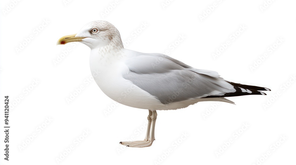 A white seagull with a yellow beak and black wing tips standing on a white background.