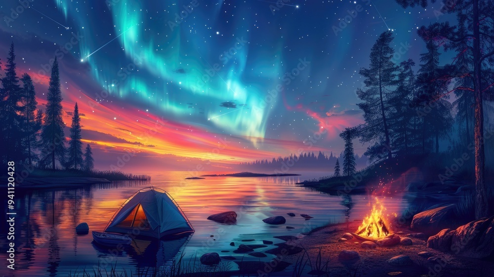 Campsite by the Lake Under a Starry Sky with Aurora Borealis Campsite by the Lake Under a Starry Sky with Aurora Borealis