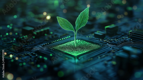 A seedling pushing through the surface of a glowing circuit board, representing the intersection of sustainable practices and technological advancement.