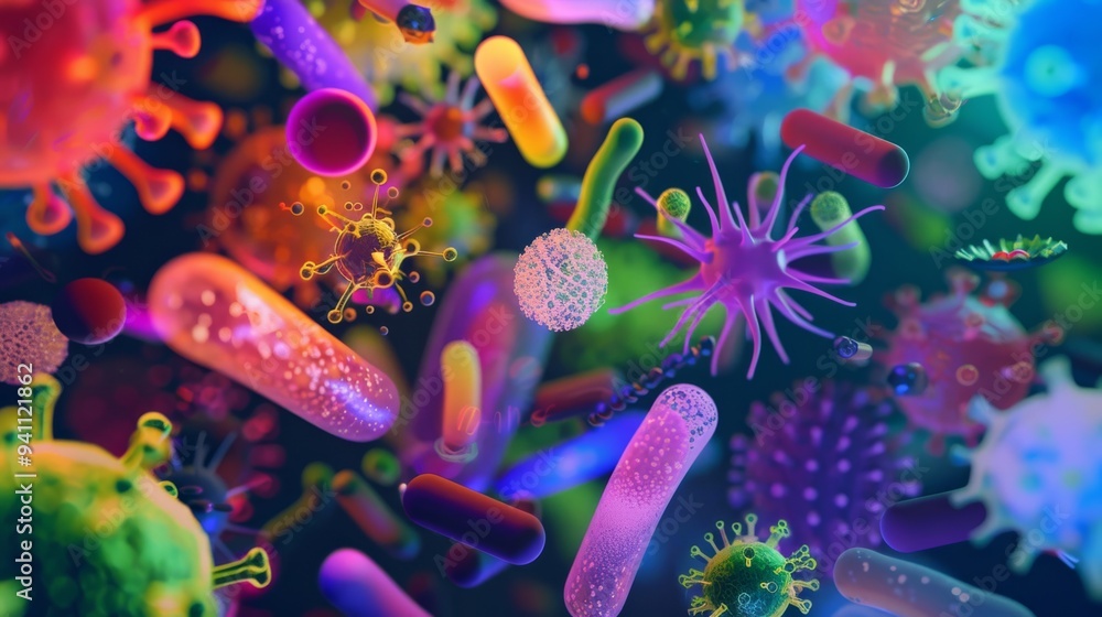 A rich array of microscopic organisms floating in a vibrant, colorful milieu, showcasing the diverse and intricate world of microbiology. A rich array of microscopic organisms floating in a vibrant, colorful milieu, showcasing the diverse and intricate world of microbiology.