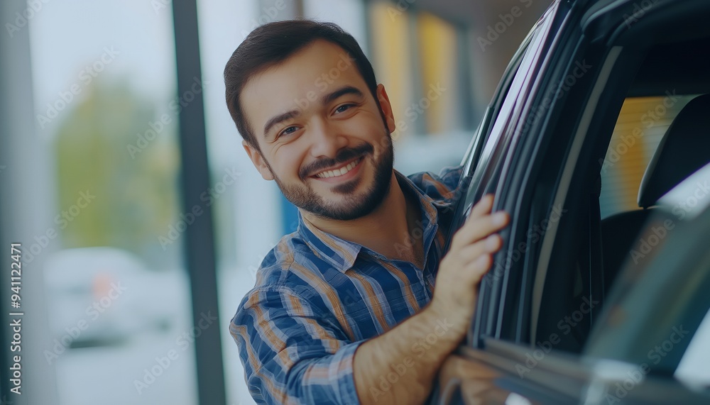 A smiling man leaning out of a car window, showcasing a friendly demeanor. A smiling man leaning out of a car window, showcasing a friendly demeanor.