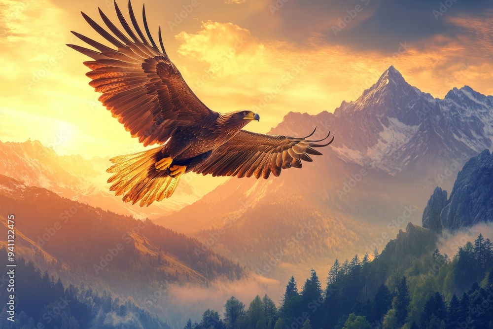 Obraz premium A majestic eagle soars through the colorful sky. The mountains stand tall in the background. Nature is inspiring and powerful. Perfect for landscapes and wildlife themes. Generative AI