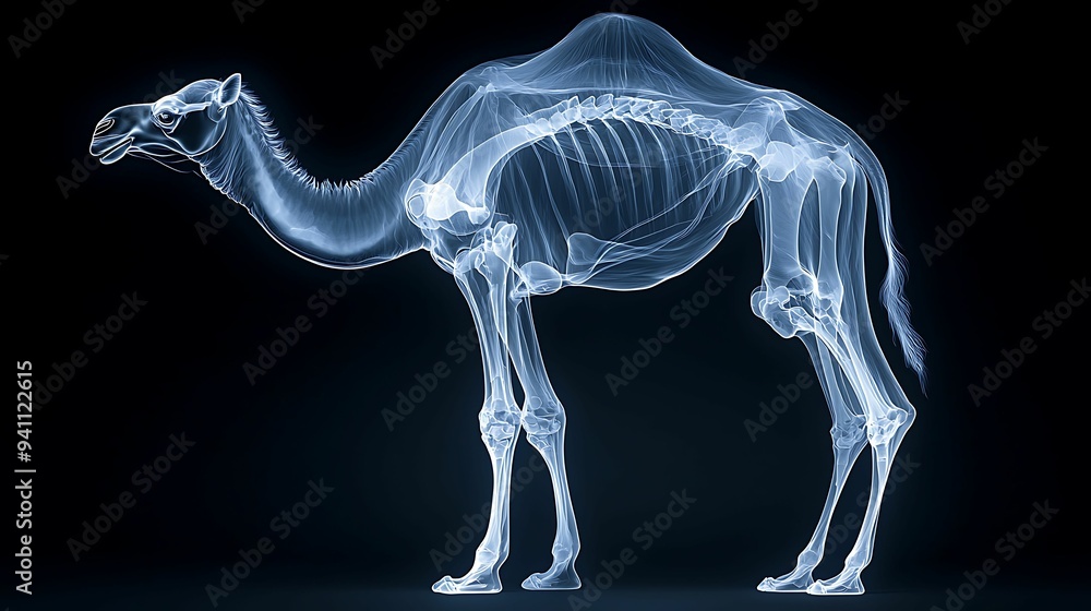 Detailed X-Ray Style Image of Camel Anatomy Revealing Bone Structure of Humps and Legs with Copy Space for Text Detailed X-Ray Style Image of Camel Anatomy Revealing Bone Structure of Humps and Legs with Copy Space for Text