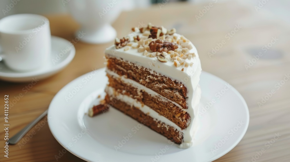 A delectable slice of layered carrot cake with a creamy frosting, topped with nuts, sits invitingly on a white plate, accompanied by a tea set in a cozy setting. A delectable slice of layered carrot cake with a creamy frosting, topped with nuts, sits invitingly on a white plate, accompanied by a tea set in a cozy setting.
