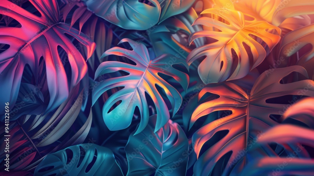 Abstract summer background with tropical leaf patterns and sunset gradients, exotic and beautiful
