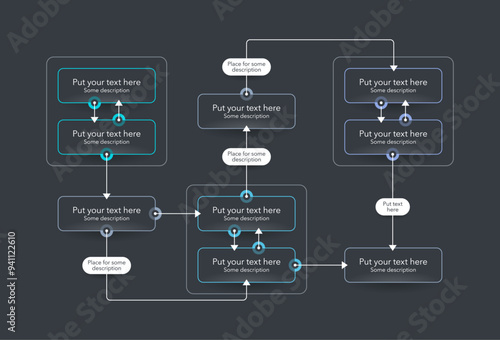 Modern infographic for process flow diagram - dark version. Flat design, easy to use for your website or presentation.