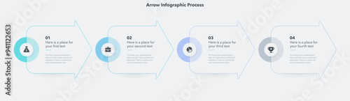 Arrow infographic process template with four steps. Graphic diagram with numbers, icons and places for your texts.