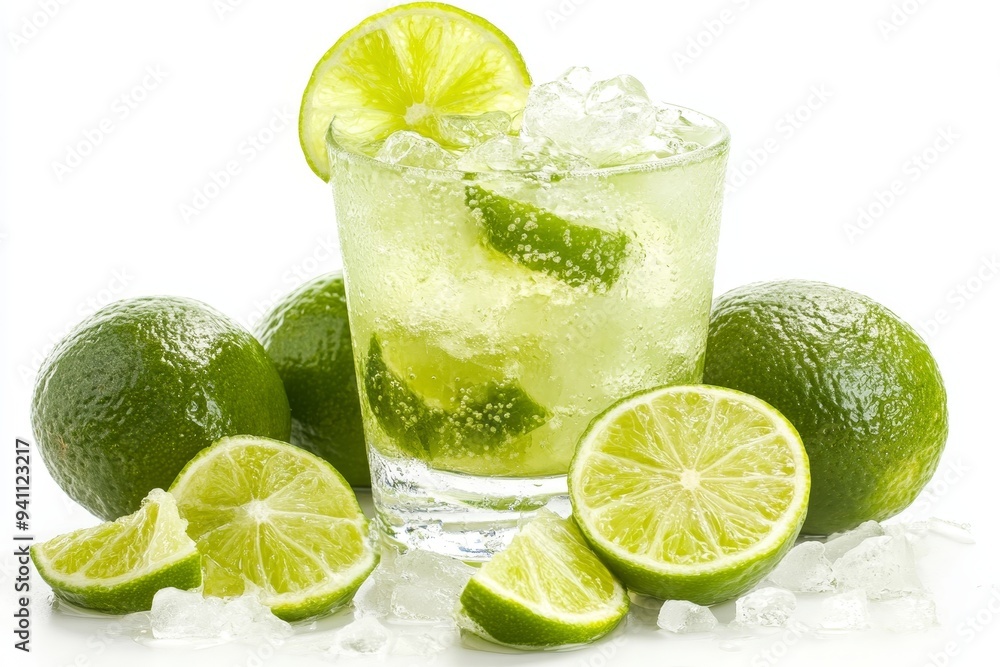 Refreshing Cold Cocktail with Lime , Ice and Mint on a White Background. Summer Drink Refreshing Cold Cocktail with Lime , Ice and Mint on a White Background. Summer Drink