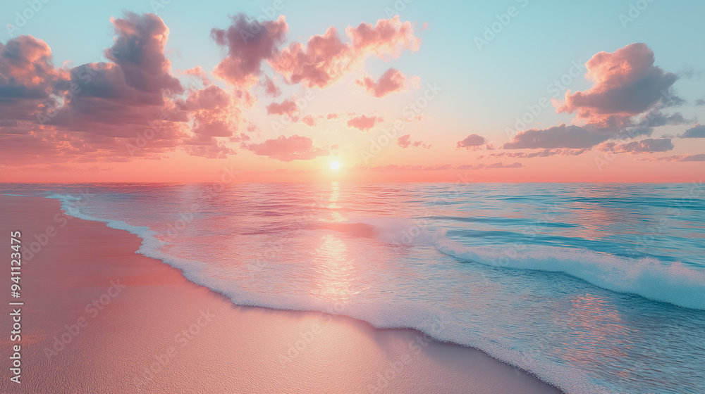 A beautiful beach scene with a pink and orange sunset in the background. The sky is filled with clouds, and the ocean is calm. The water is a light blue color, and the sand is a light brown color
