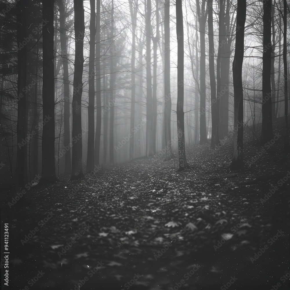 Fototapeta premium Dark and Foggy Forest with Haunting Atmosphere