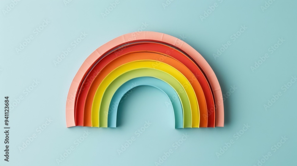 Fototapeta premium A captivating minimalist rainbow art piece on a pastel blue background infuses cheerfulness and simplicity into the visual.