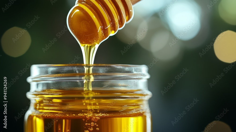 Golden Honey Dripping from Wooden Stick Dipper into Jar Against a Blurred Nature Background Golden Honey Dripping from Wooden Stick Dipper into Jar Against a Blurred Nature Background