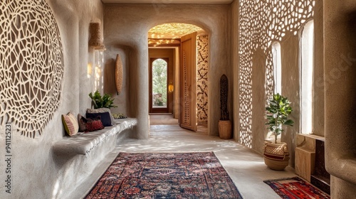 Contemporary hempcrete home interior showcasing light patterns and natural decor
