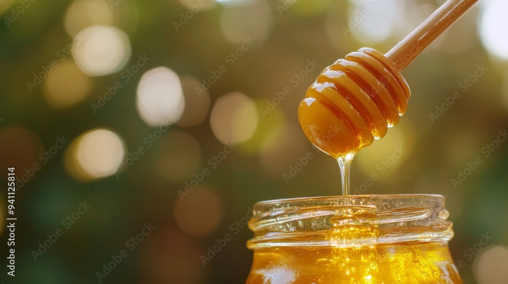 Golden Honey Dripping from Wooden Stick Dipper into Jar Against a Blurred Nature Background Golden Honey Dripping from Wooden Stick Dipper into Jar Against a Blurred Nature Background