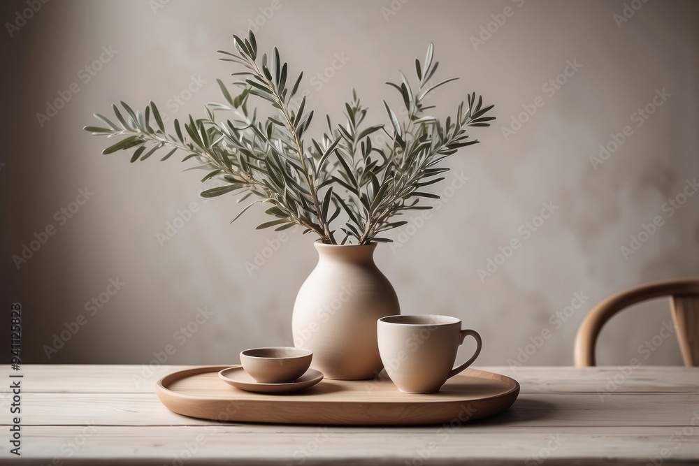 Olive Branch Arrangement in a Cream Vase on Wooden Tray Olive Branch Arrangement in a Cream Vase on Wooden Tray