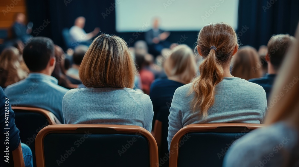 Audience watching speaker in auditorium, business presentation with copy space Audience watching speaker in auditorium, business presentation with copy space