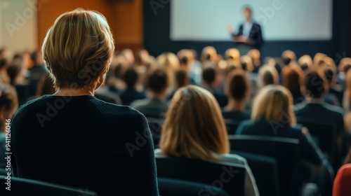Audience watching speaker in auditorium, business presentation with copy space