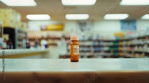 A single amber prescription bottle stands on a blurred pharmacy counter, symbolizing the role of medication in maintaining health and well-being.