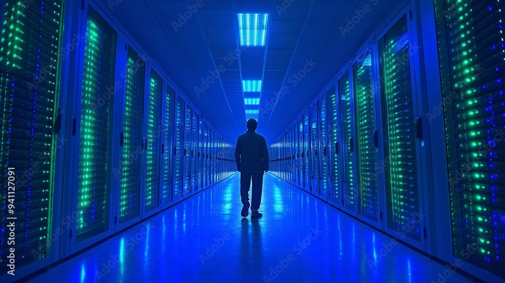 Data centers with endless rows of servers glowing with blue and green LED lights showcasing the vast network of AI-driven processing power Stock Photo with copy space Data centers with endless rows of servers glowing with blue and green LED lights showcasing the vast network of AI-driven processing power Stock Photo with copy space