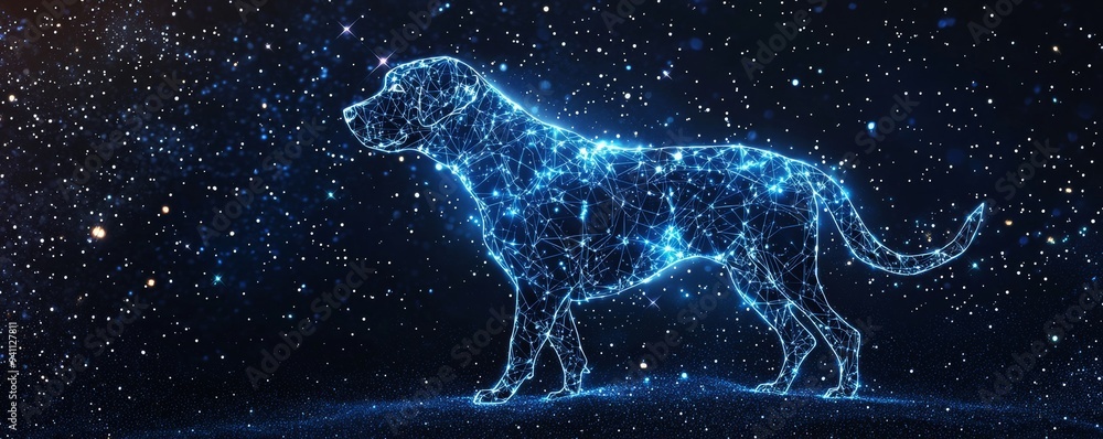 A cosmic dog silhouette made of glowing stars in a starry night. A captivating blend of nature and digital artistry. A cosmic dog silhouette made of glowing stars in a starry night. A captivating blend of nature and digital artistry.