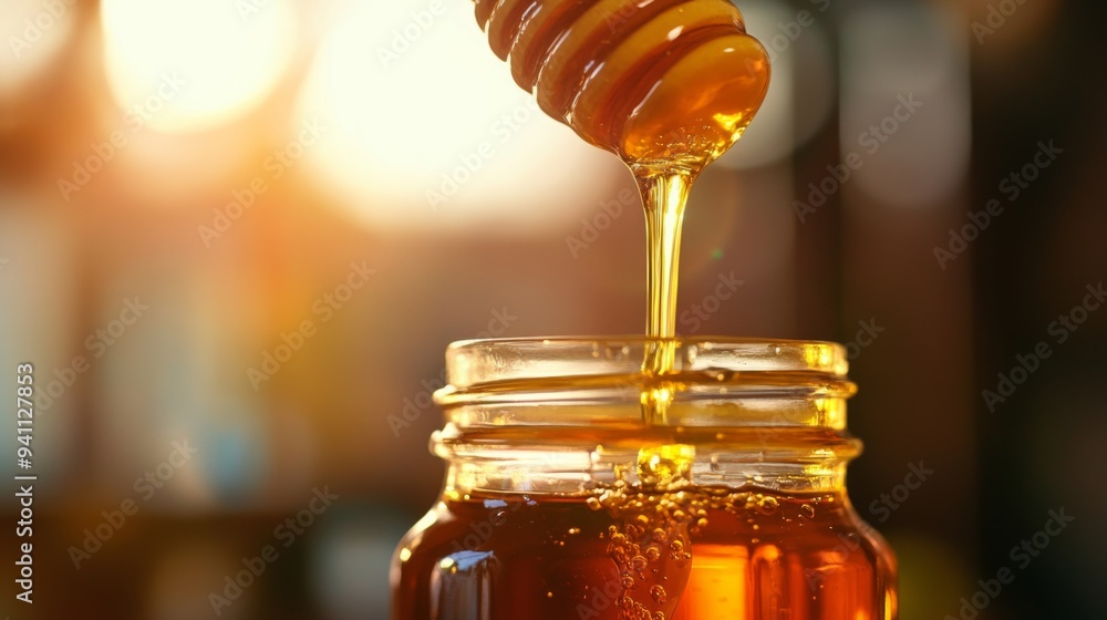Golden Honey Dripping from Wooden Stick Dipper into Jar Against a Blurred Nature Background Golden Honey Dripping from Wooden Stick Dipper into Jar Against a Blurred Nature Background