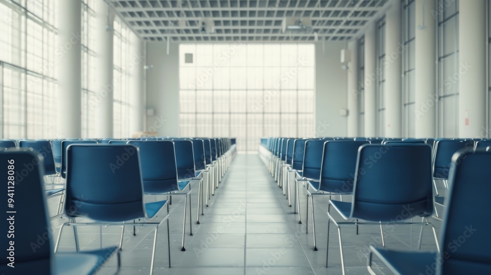 A modern, sunlit conference room with rows of blue chairs neatly arranged, basking in the soft glow of natural light through large windows. A modern, sunlit conference room with rows of blue chairs neatly arranged, basking in the soft glow of natural light through large windows.