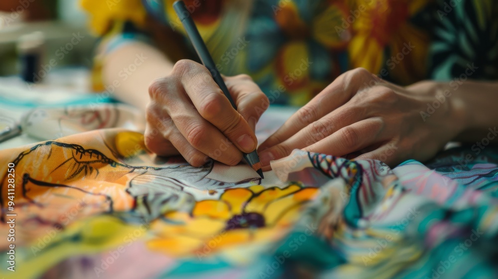 A close-up of an artist's hands drawing vibrant patterns on fabric, creating a colorful and dynamic scene brimming with creativity and precision. A close-up of an artist's hands drawing vibrant patterns on fabric, creating a colorful and dynamic scene brimming with creativity and precision.