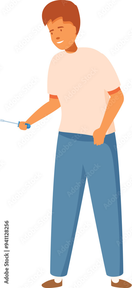 Handyman is holding a screwdriver, ready to fix something Handyman is holding a screwdriver, ready to fix something