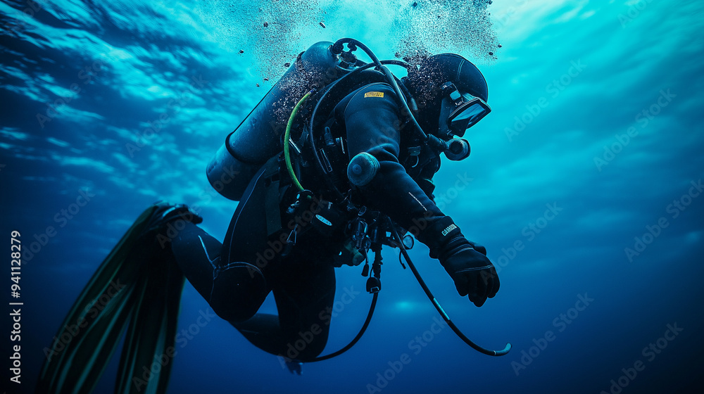 A professional diver in a wetsuit descends into deep blue ocean waters to inspect a crucial fiber-optic cable for global communication. A professional diver in a wetsuit descends into deep blue ocean waters to inspect a crucial fiber-optic cable for global communication.