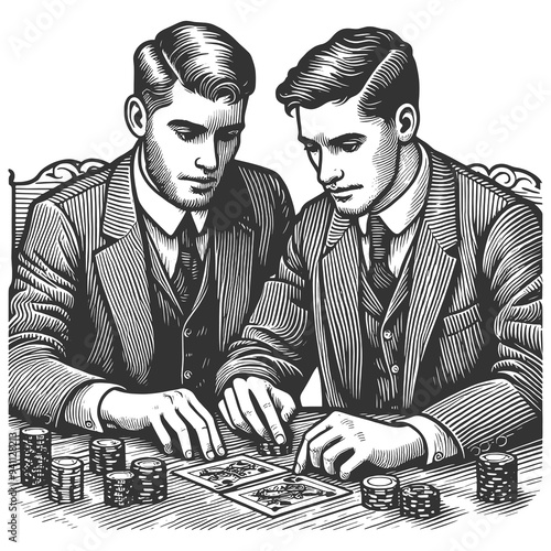 two men in suits and hats playing cards, focused on their game, classic gambling scene sketch engraving generative ai raster illustration. Scratch board imitation. Black and white image. photo