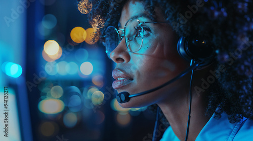 Close-up of a young woman with glasses and headset working at night in a dimly lit room, focused on her task, with colorful bokeh lights in the background. photo