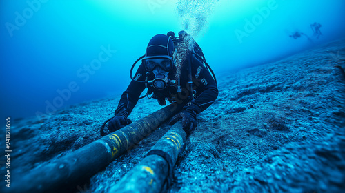 Wallpaper Mural A diver in the ocean's depths inspects a fiber-optic cable, safeguarding the backbone of international communication. Torontodigital.ca