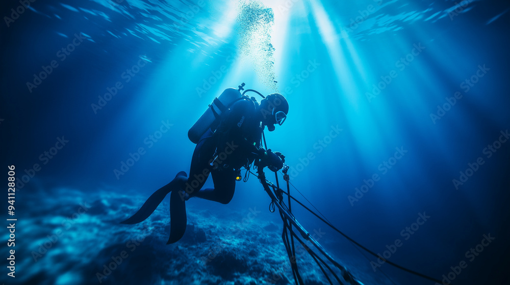 In the vast blue ocean, a diver inspects and repairs a crucial fiber-optic cable that spans continents. In the vast blue ocean, a diver inspects and repairs a crucial fiber-optic cable that spans continents.