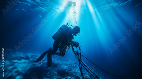 Wallpaper Mural In the vast blue ocean, a diver inspects and repairs a crucial fiber-optic cable that spans continents. Torontodigital.ca