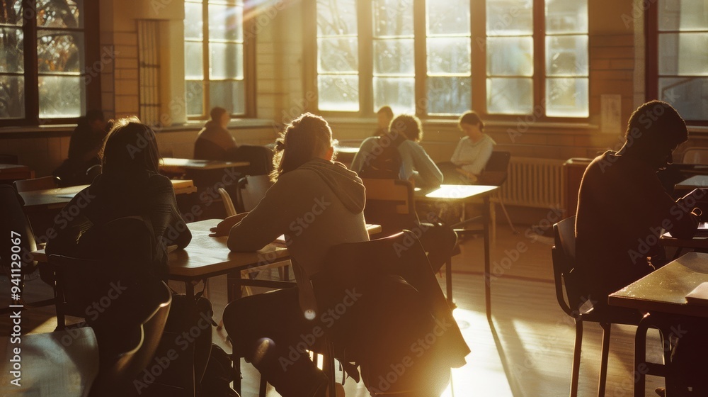 Obraz premium A sunlit classroom with students absorbed in studying, highlighting the warmth and focus of academic life.