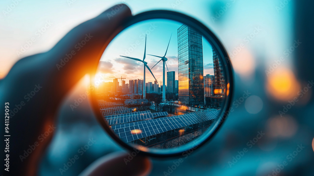 Wind turbines and solar panels magnified under a glass lens, highlighting the growth of green energy production. Wind turbines and solar panels magnified under a glass lens, highlighting the growth of green energy production.