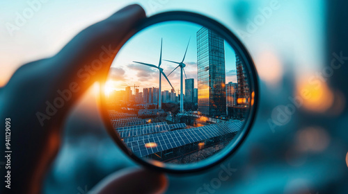 Wind turbines and solar panels magnified under a glass lens, highlighting the growth of green energy production.