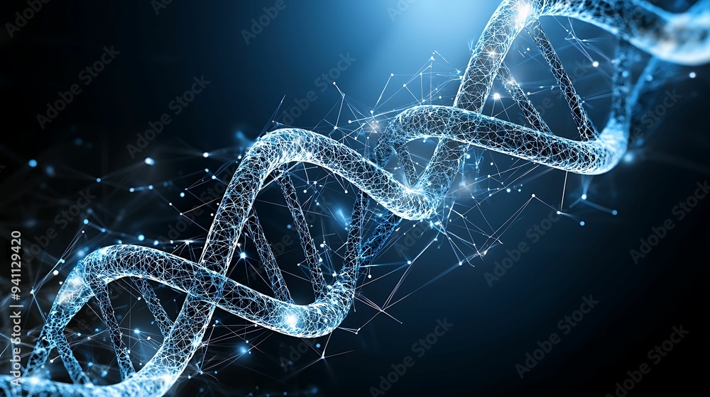 Futuristic DNA Strand Visualization in High-Tech Genetic Research Environment with Copy Space for Text Futuristic DNA Strand Visualization in High-Tech Genetic Research Environment with Copy Space for Text