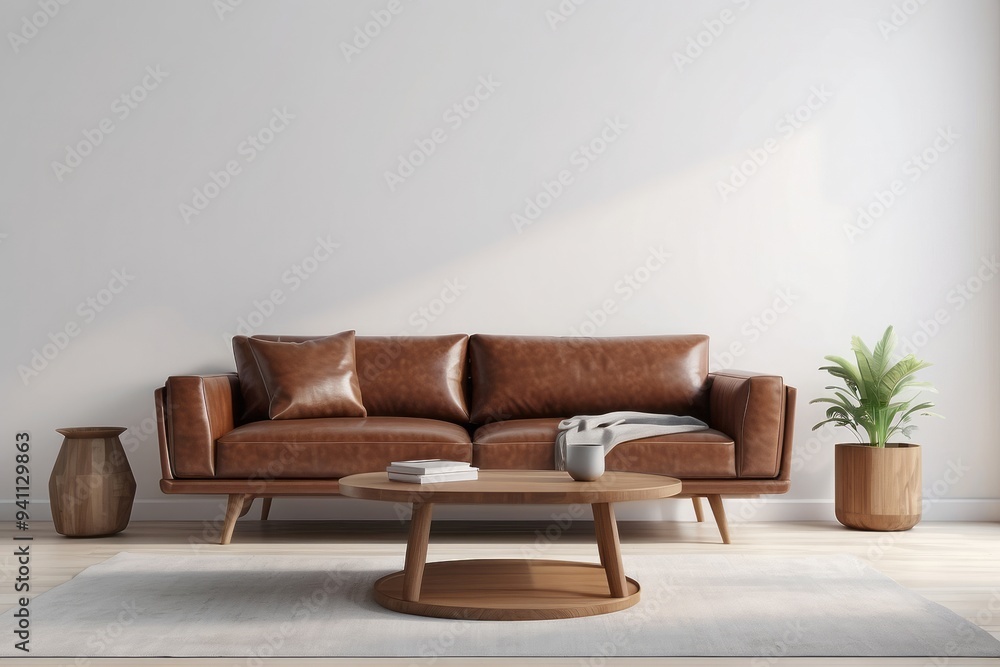 Brown Leather Sofa with Wooden Coffee Table in a Minimalist Living Room Brown Leather Sofa with Wooden Coffee Table in a Minimalist Living Room
