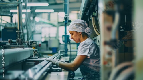 A diligent worker in a factory setting, meticulously operating machinery with focused concentration.