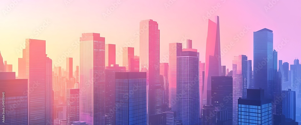 Cityscape silhouette at sunset with pink and blue hues. Cityscape silhouette at sunset with pink and blue hues.