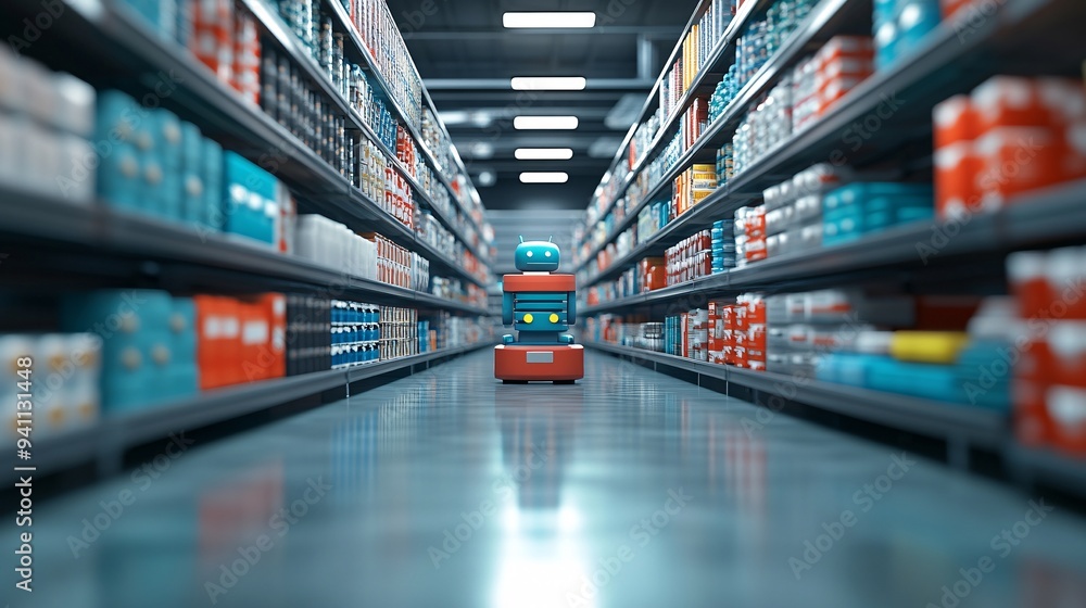 A retail store managed by AI-driven systems where inventory is automatically tracked and customers are greeted by AI assistants Stock Photo with copy space A retail store managed by AI-driven systems where inventory is automatically tracked and customers are greeted by AI assistants Stock Photo with copy space