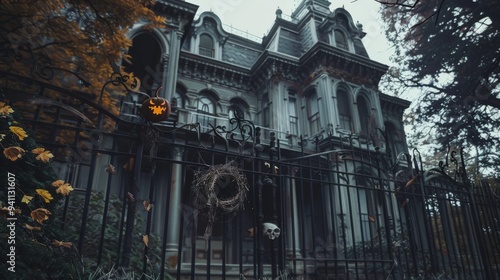 An abandoned, ornate mansion with Gothic architecture, surrounded by a wrought iron fence and autumn foliage.