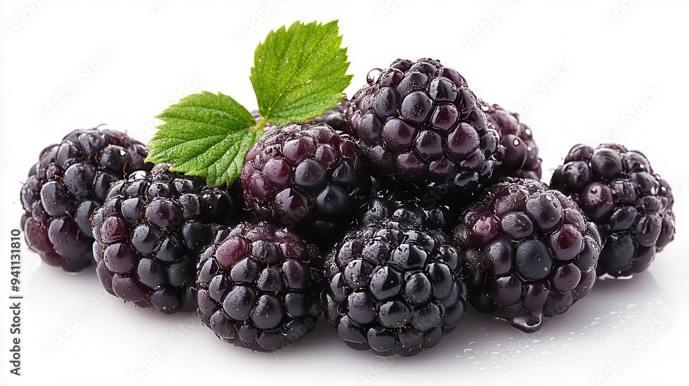closeup of ripe blackberry cluster against pure white background dewdrops glistening on luscious dark fruit closeup of ripe blackberry cluster against pure white background dewdrops glistening on luscious dark fruit
