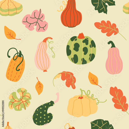 Autumn harvest various pumpkins and leaves hand drawn cute simple illustration seamless pattern. Modern clip art wallpaper for children books stationery wrapping paper and social media